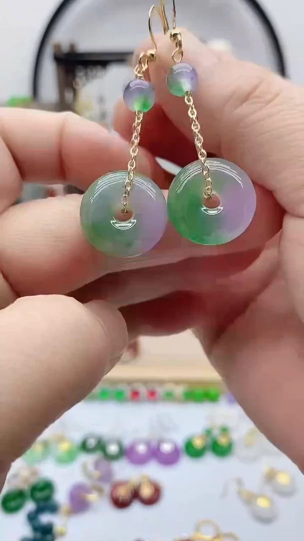 银S925镶嵌石英质玉（天山翠）耳饰179