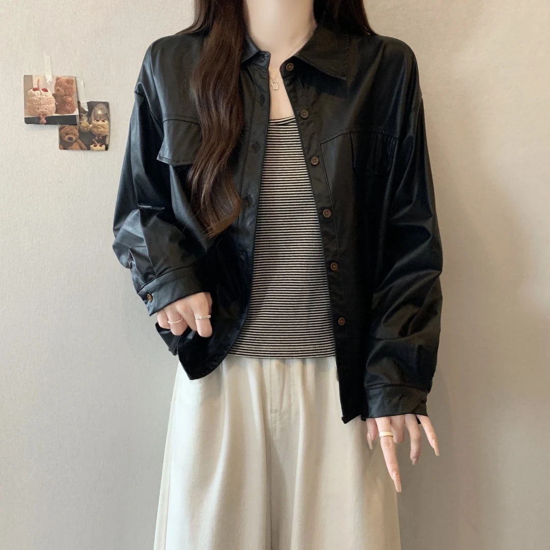 大码高级感黑色皮衣外套女春秋新款胖MM宽松显瘦百搭洋气夹克上衣