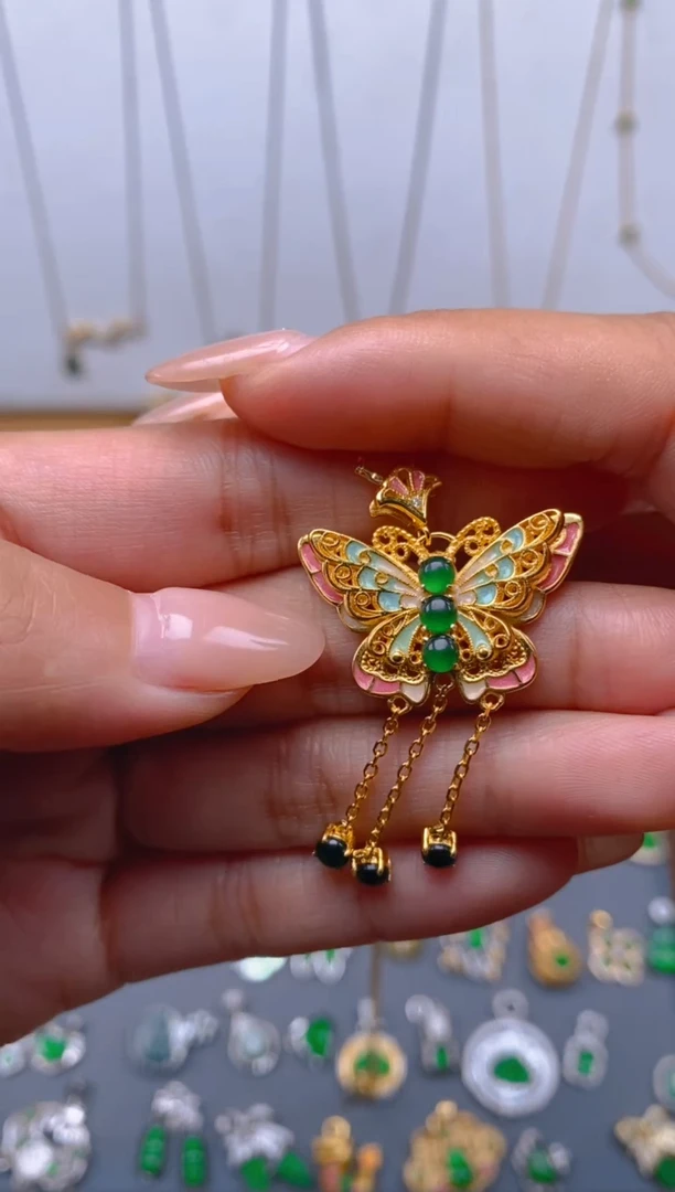 吊坠(不含链)银S925镶嵌翡翠蝴蝶