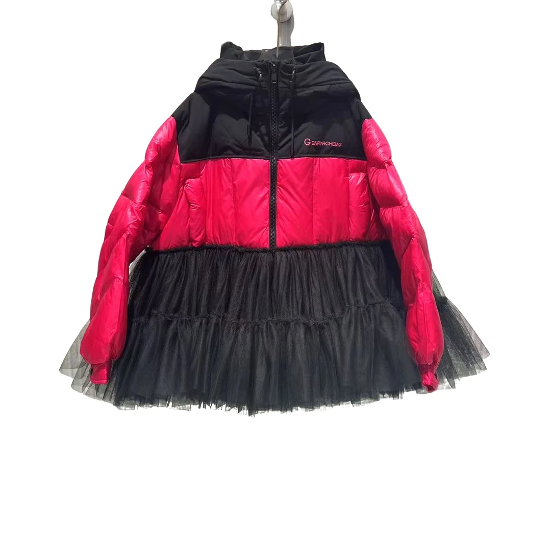 4134【珍珍优选】设计师新款羽绒服拼接纱纱冬季长袖连帽女装连衣裙