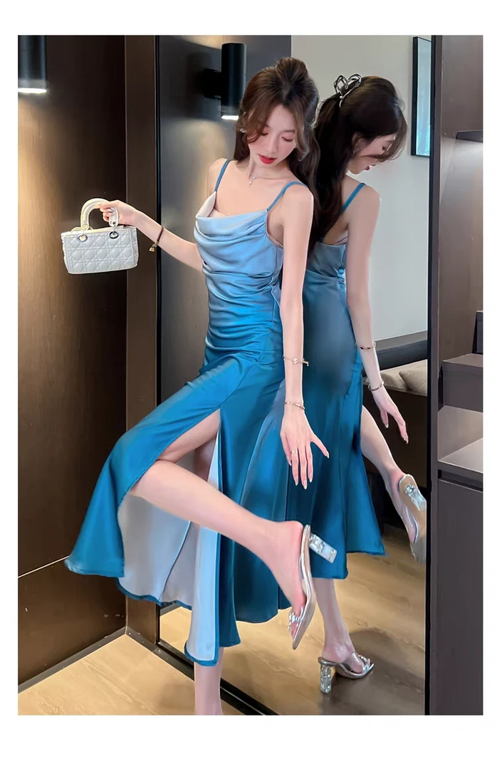 法式渐变蓝色 韵味渐变紫色 轻奢缎面吊带连衣裙绝美包臀修身长裙