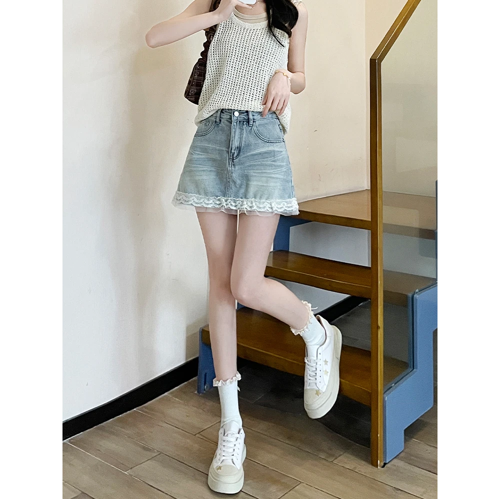 蕾丝边牛仔短裙女夏薄款2025年新款高腰显瘦包臀巨显瘦遮肚子短裤