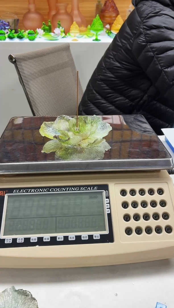 手工艺品琉璃绿色牡丹花线香插12公分