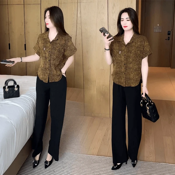 夏季洋气减龄时尚套装女2025新宽松百搭短袖衬衫阔腿裤两件套潮