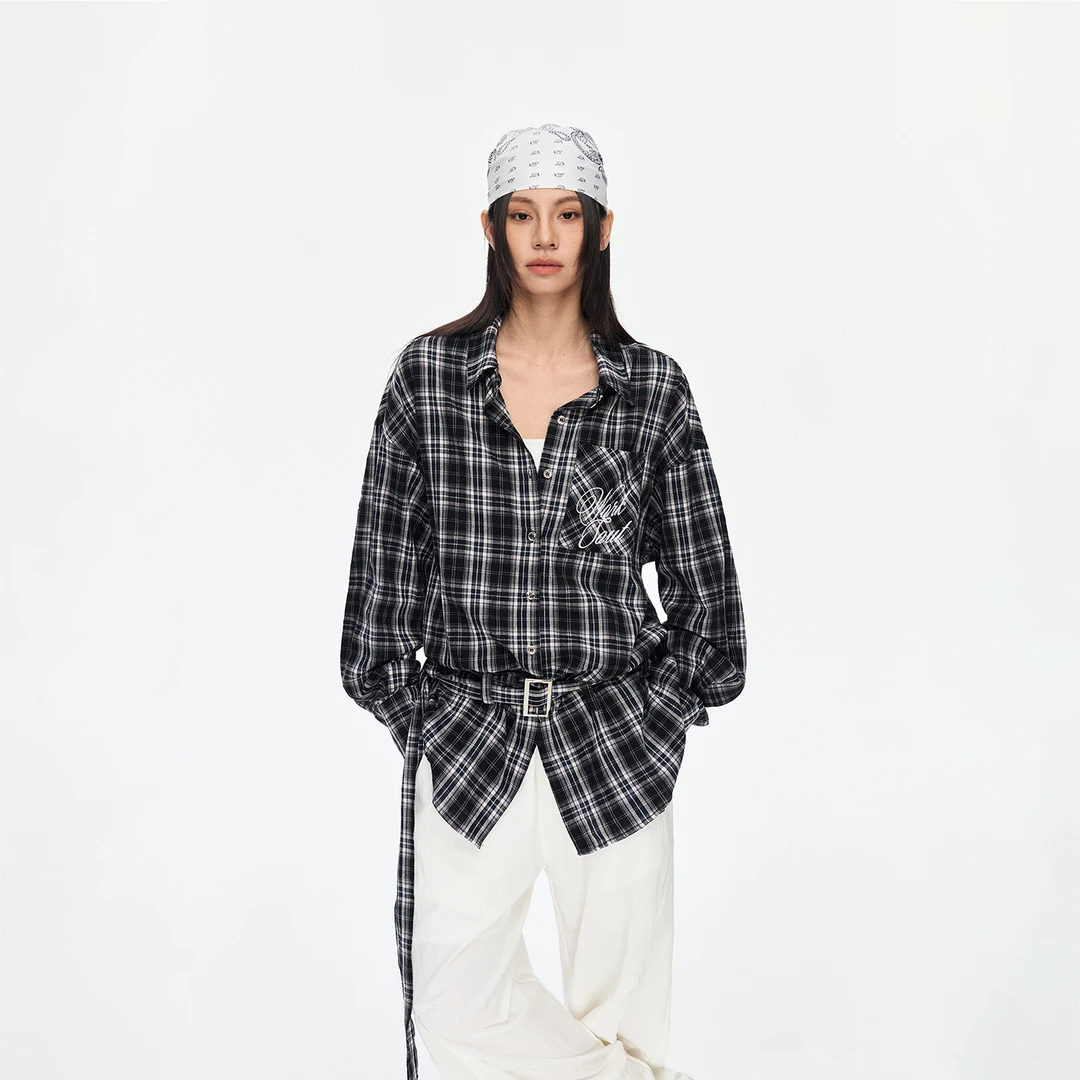 WORKSOUT可调节收腰格子衬衫美式刺绣百搭休闲春秋长袖