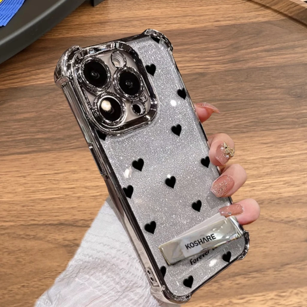 【入月】新款潮牌闪粉卡黑色爱心电镀四角防摔手机壳