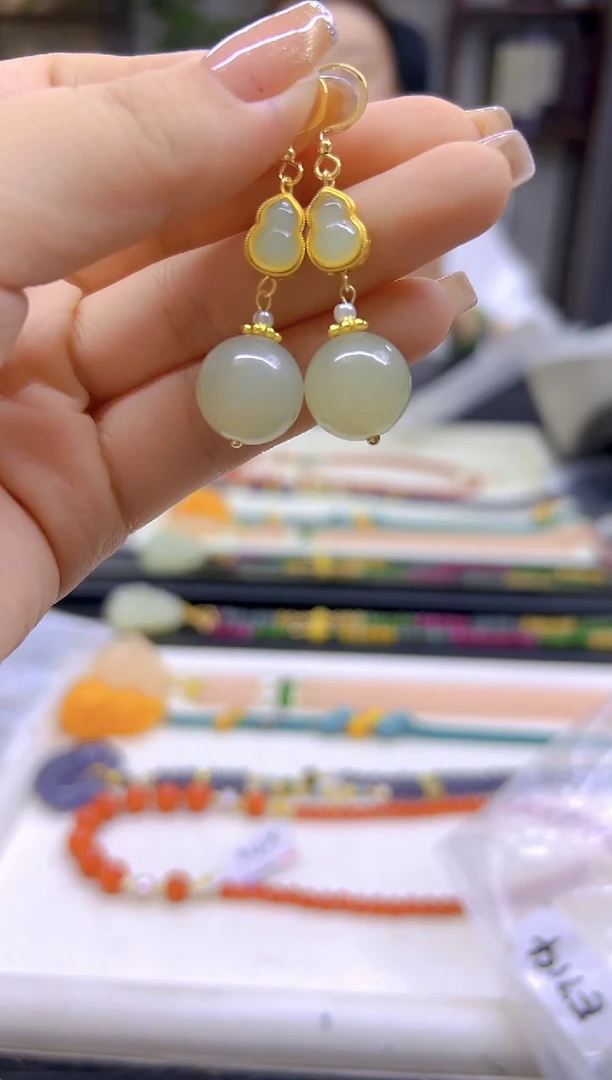 和田玉14K金镶嵌耳饰DIY款E714