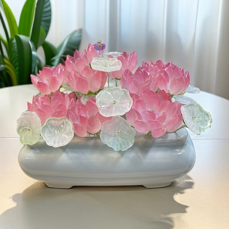 【材料包】【大号长方形陶瓷盆琉璃荷花】纯手工花客厅餐桌玄关摆件