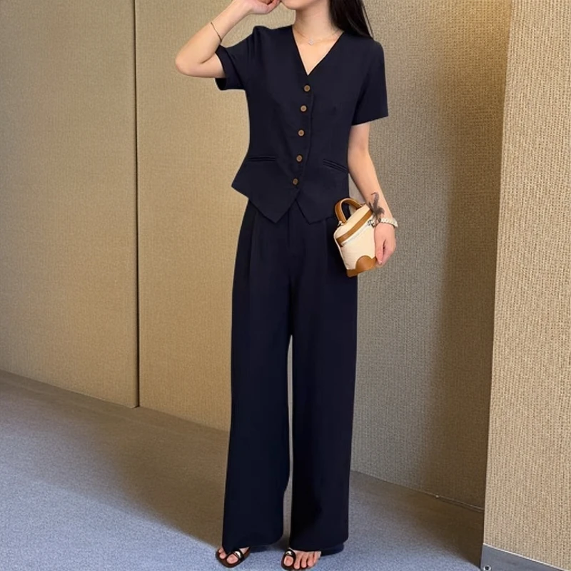 2025夏季新款大码洋气气质百搭宽松小个子胖mm上衣+阔腿裤套装