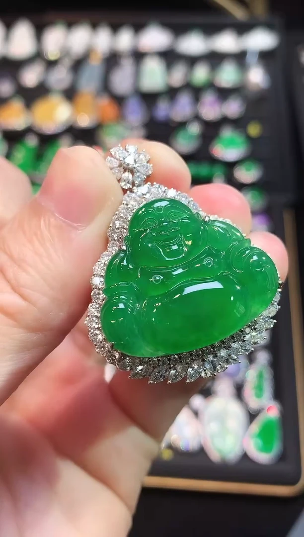 吊坠(赠链)18K金镶嵌翡翠满冰满绿大佛公吊坠