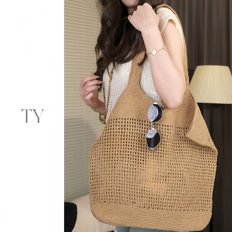 2025新款大版型手工镂空草编包度假风大容量沙滩单肩手提包女夏