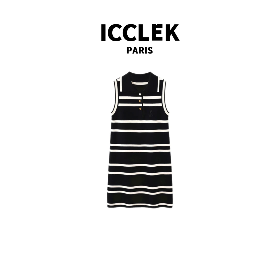 ICCLEK 翻领黑白条纹无袖连衣裙 轻奢气质 百搭 针织连衣裙 -2675