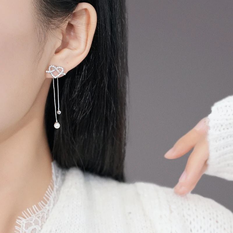 铜合金耳饰 925银针前后两戴打结爱心结流苏耳环适合方圆脸的耳环