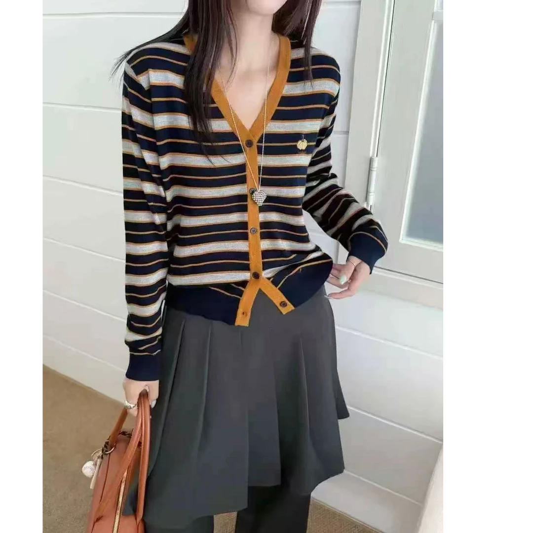 秋季韩版小南瓜刺绣条纹撞色针织衫V领开衫百搭宽松上衣女1309
