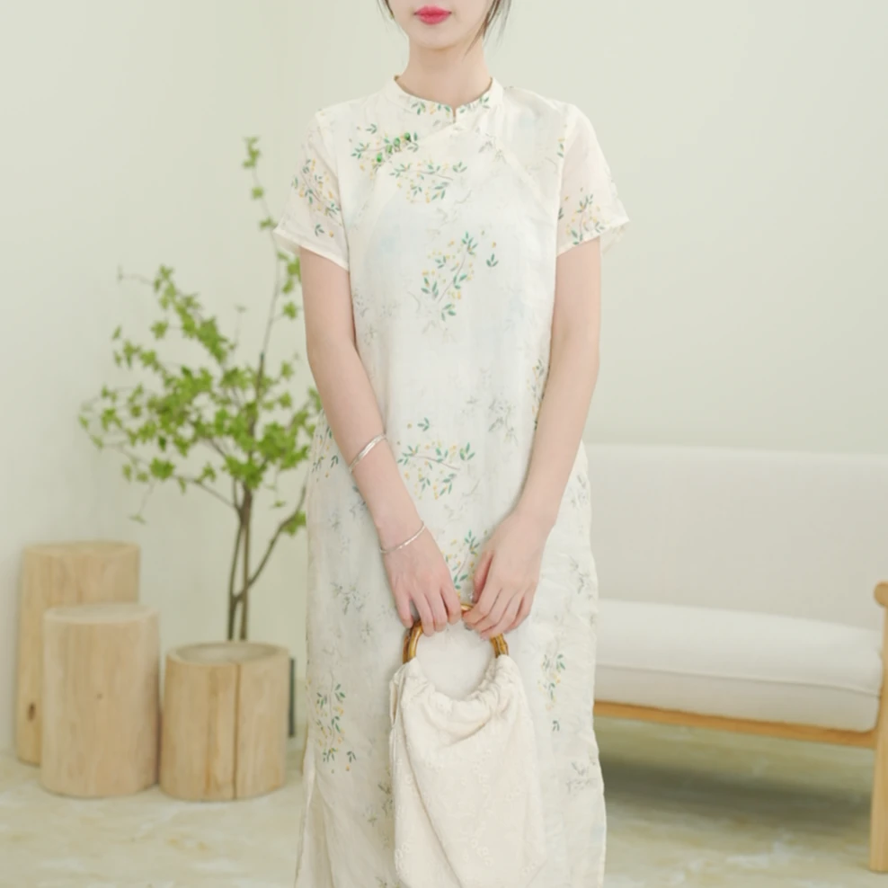 杏花微雨  高端气质连衣裙女夏微胖显瘦宽松苎麻改良版旗袍裙