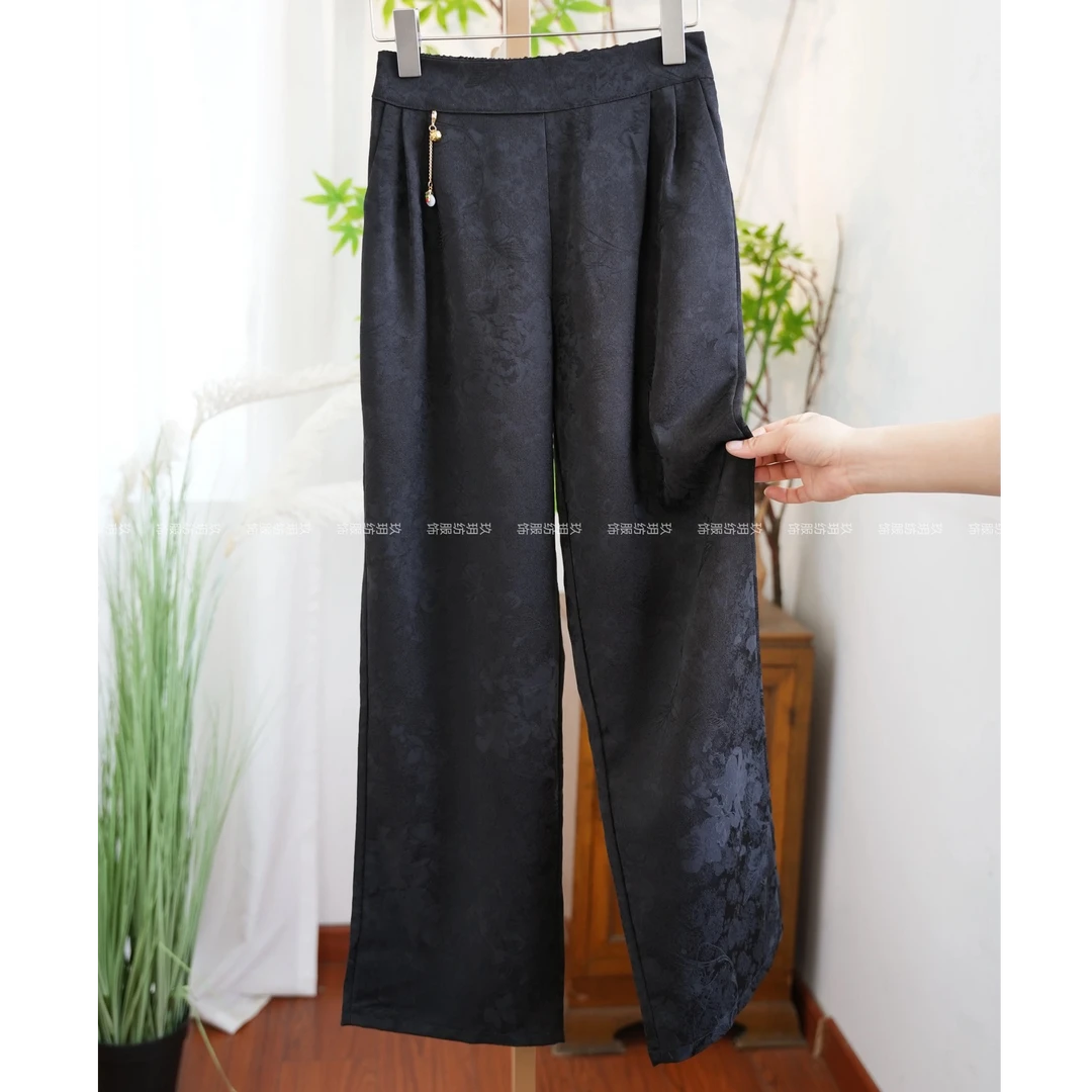 提花暗纹显瘦高腰休闲裤女款春秋款新中式新中式国风直筒长裤