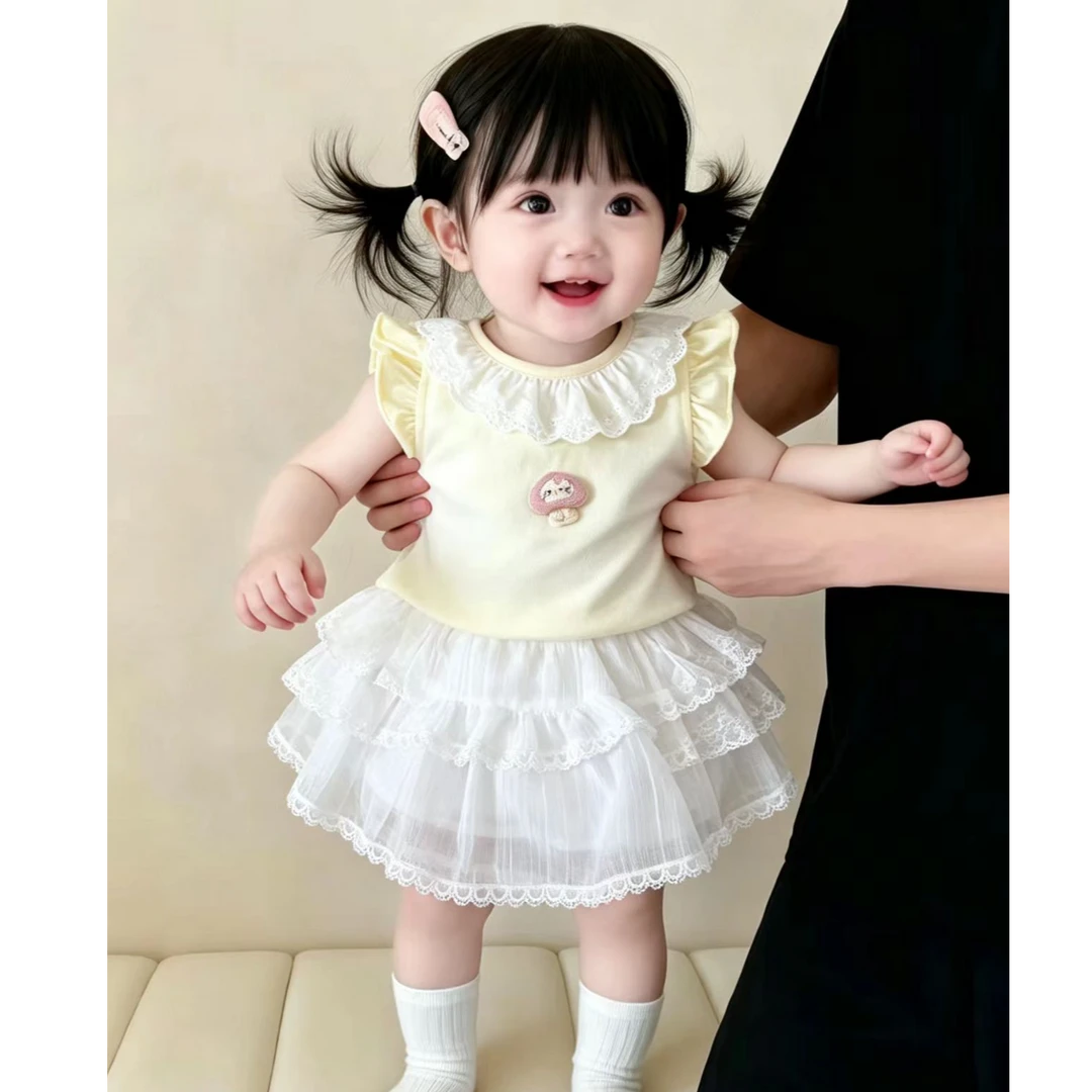 懒1)新款夏季女童花边领小蘑菇百搭洋气无袖背心蛋糕裙子套装