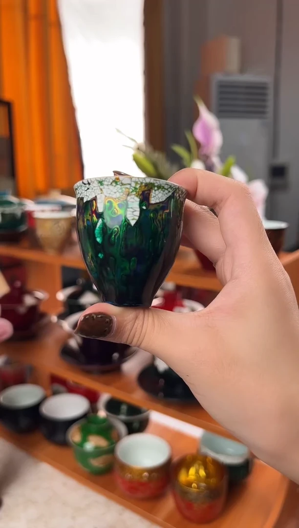 懂*?孔雀翎蛋壳镶嵌一口杯-太古大漆