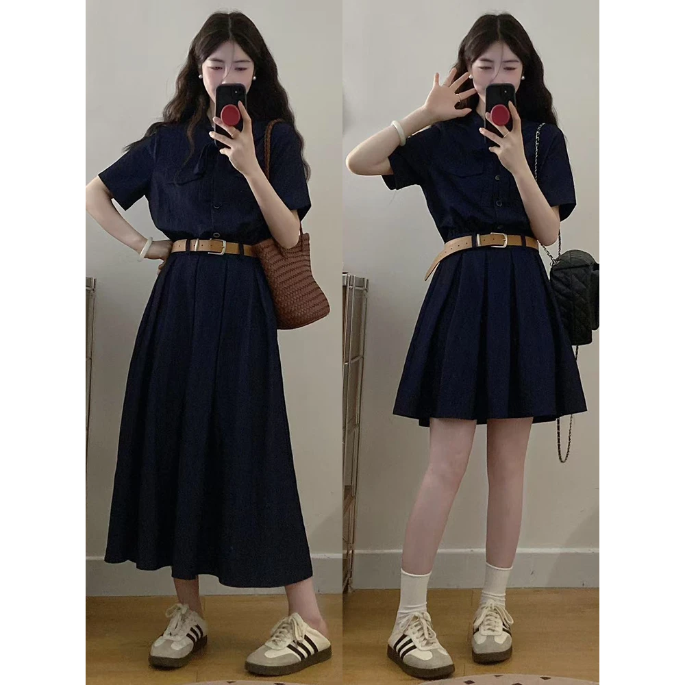 【朵拉】大码女装胖mm新款收腰百褶复古设计感绑带牛仔连衣裙