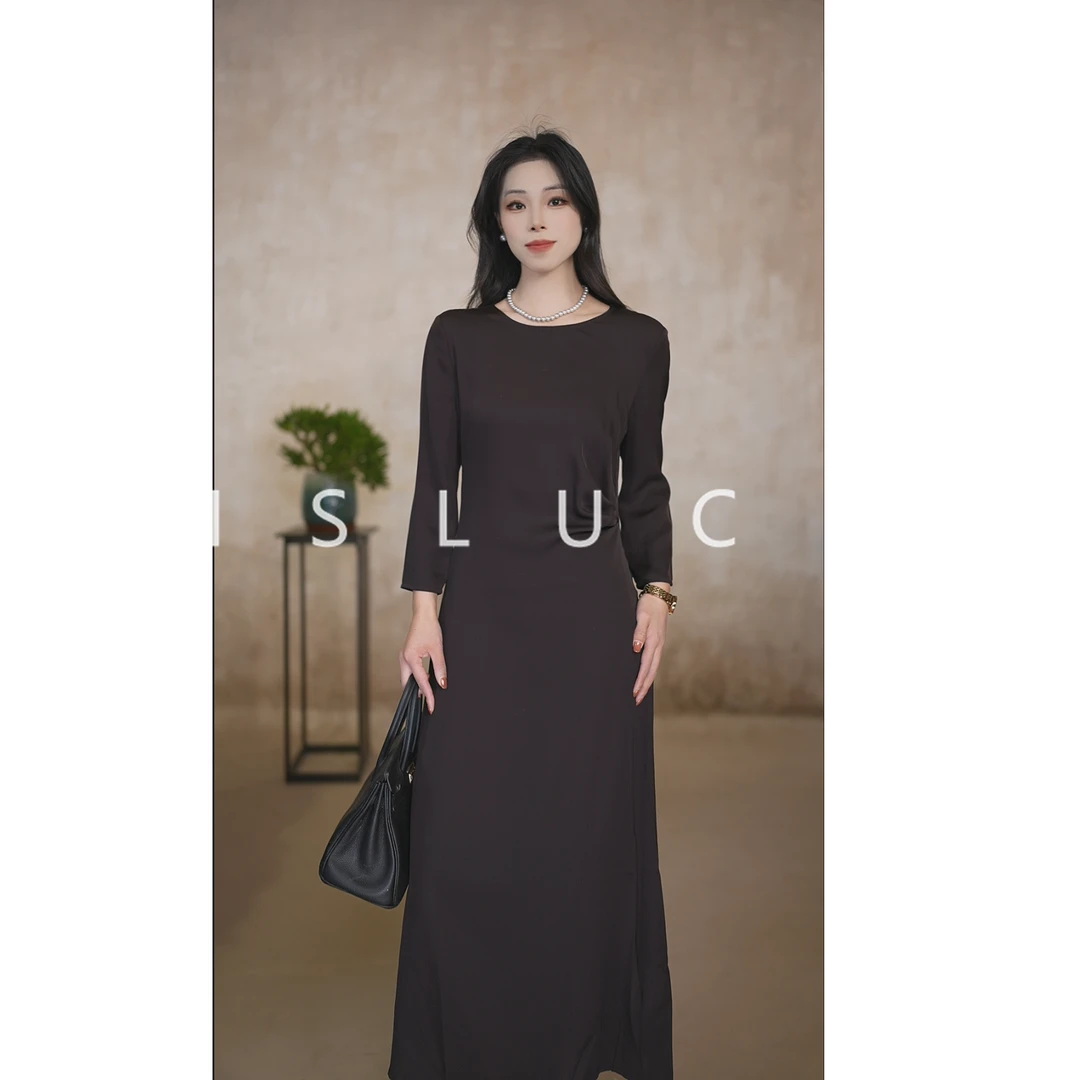 【岩壁玫瑰】26姆米桑蚕丝无弹重缎女士圆领收腰经典连衣裙LG9201