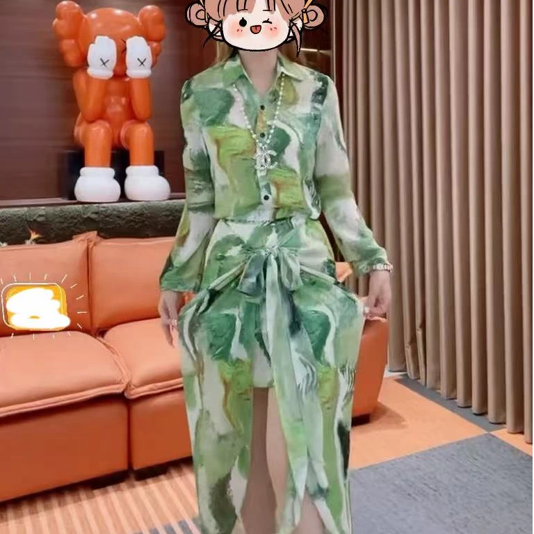 0801时尚套装舒适透气碎花裙新款高端修身长袖上衣半身裙两件套NJ