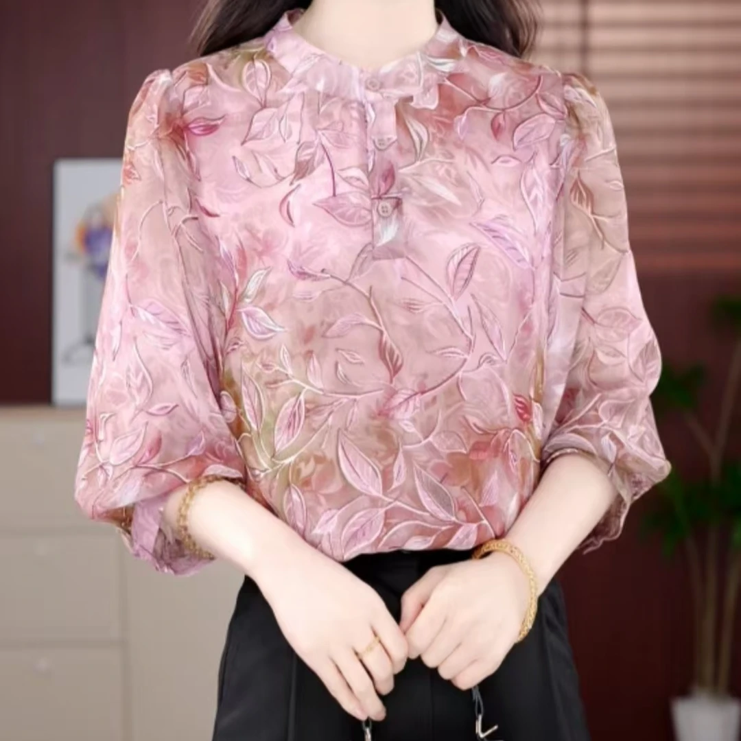 2025春甜美粉色雪纺衫洋气七分袖重工显瘦圆领衬衫袖长袖修身时尚