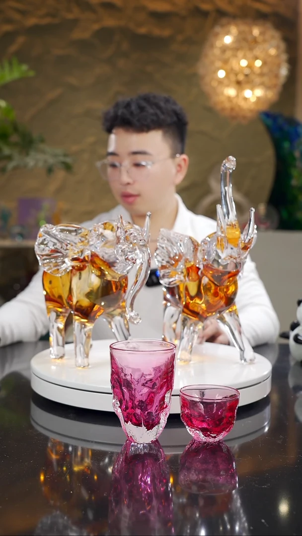 手工艺品琉璃水*画琥珀大象摆件一对+金红水杯1大1小