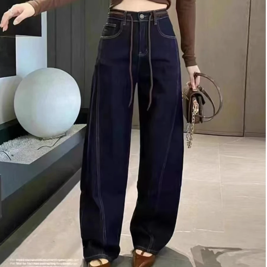 2024冬季新款加绒加厚窄版阔腿丹宁蓝牛仔直筒裤#2882【裤长102】