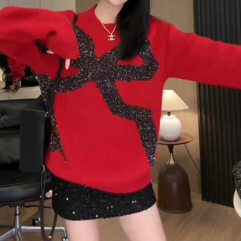 新款冬重工蝴蝶结时尚洋气百搭亮片毛衣LK2501199