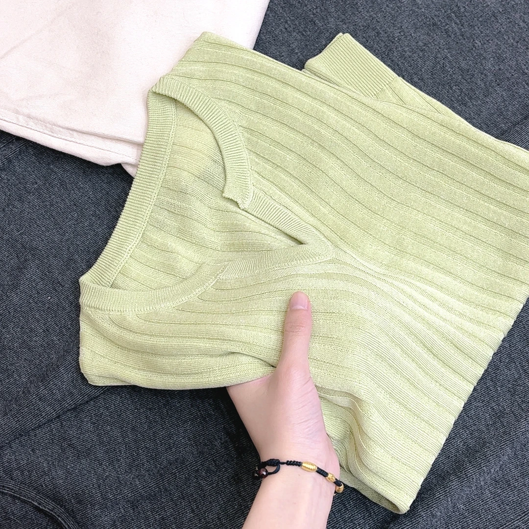 夏季新品！【青柠】剪刀领套头纯色宽松短袖针织T恤衫 052