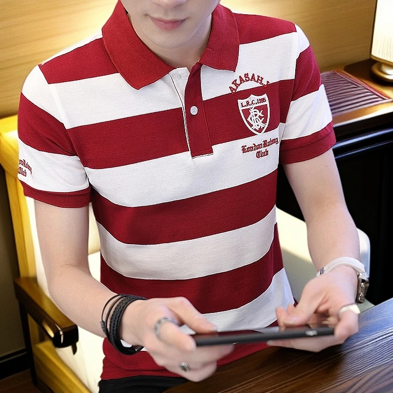 符腾野堡马夏季polo衫针织纯棉条纹翻领短袖t恤修身上衣休闲半袖