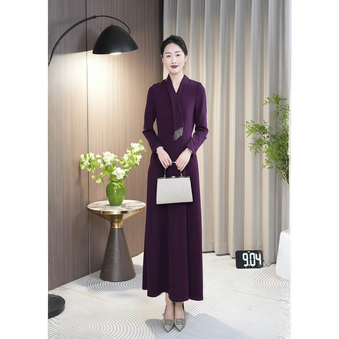 秋款紫色翻领长款连衣裙流苏收腰显瘦长袖时尚
