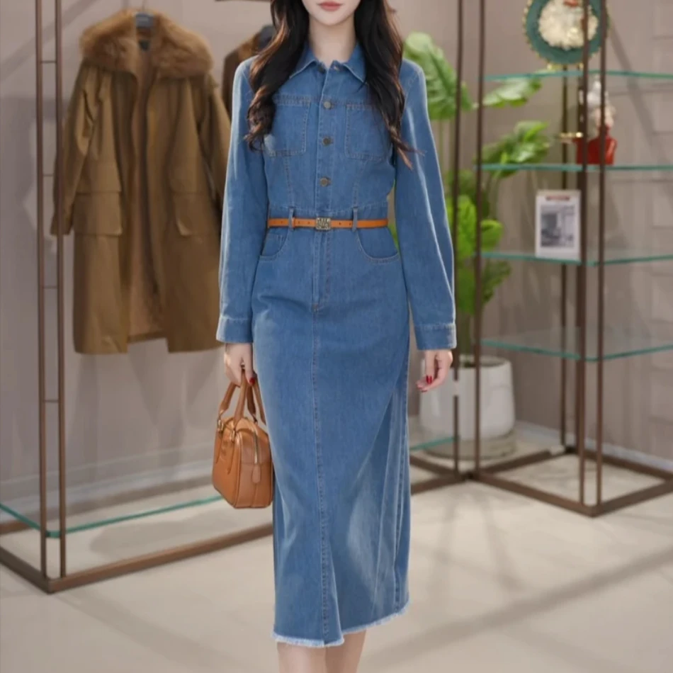 【商场同款】春秋新款女装翻领长袖直筒牛仔连衣裙5500657