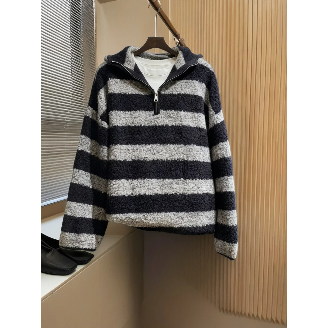 满眼都是品调！欧货高端半拉链连帽毛衣慵懒条纹加好看厚针织衫女
