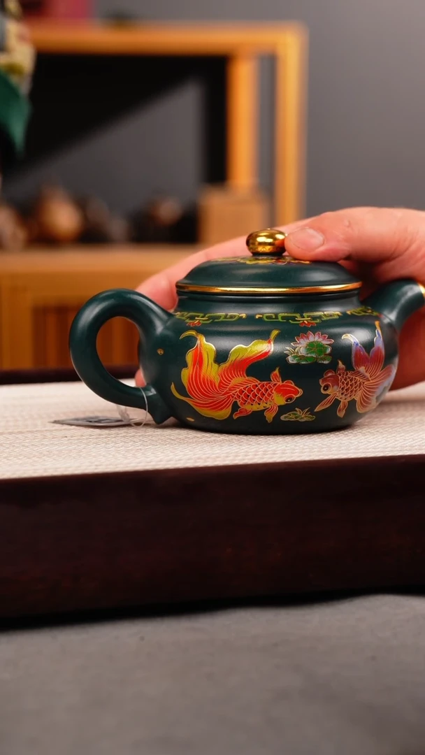 茶杯紫砂苏门答腊青 仿古 锦鲤珐琅彩