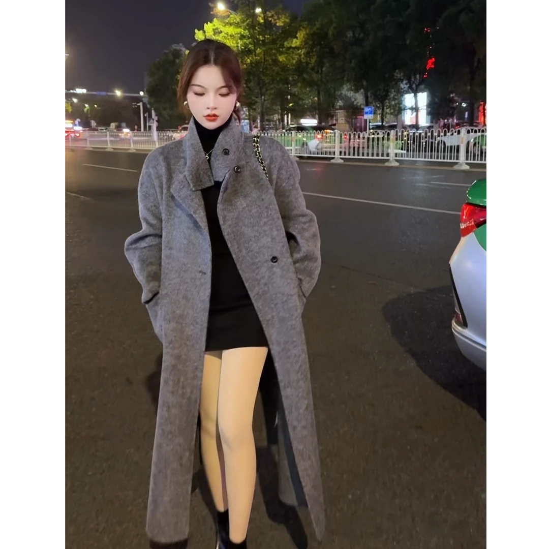 冬季宽松长款双面毛呢外套立领腰带开叉大衣显瘦百搭灰色气质女装