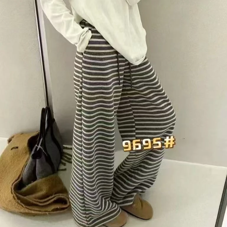 9695针织口袋高腰夏季时尚条纹秋季长裤阔腿裤宽松休闲裤春秋百搭