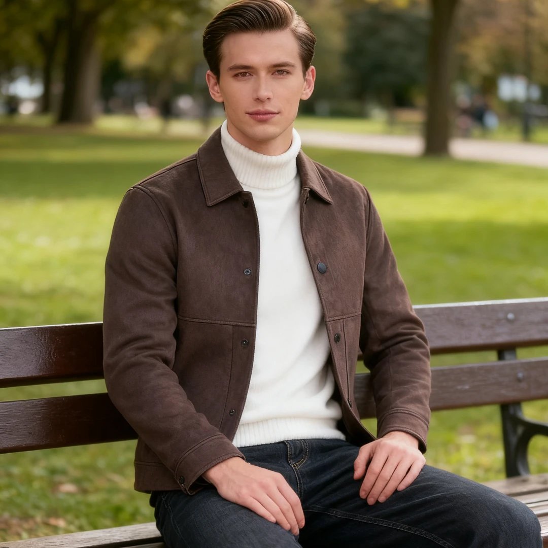 羊毛净色短款夹克男士秋冬休闲商务时尚翻百搭双面外套8608