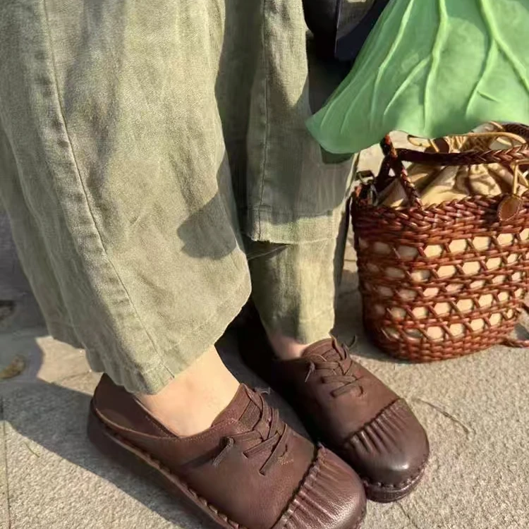 原创头层胎牛皮厚底坡跟一脚蹬舒适百搭款