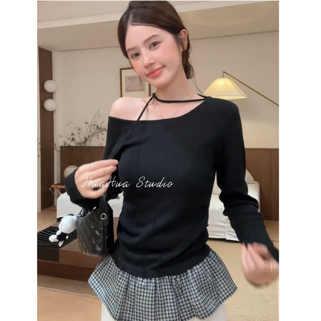 【花花】时髦精~韩系绑带设计毛衣拼接格子下摆圆领上衣