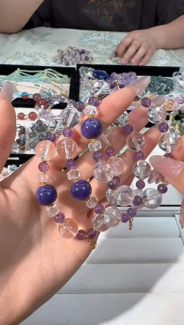 水晶手链银S925镶嵌有棉裂K010白水紫龙顶珠款