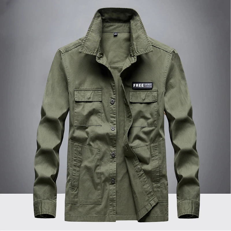 纯棉商务休闲长袖衬衣男士春秋季宽松大码工装多口袋薄款翻领衬衫