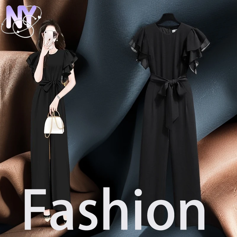 【轻奢甄选】高端时尚黑色阔腿连体裤2025新款女夏季高腰气质显瘦荷