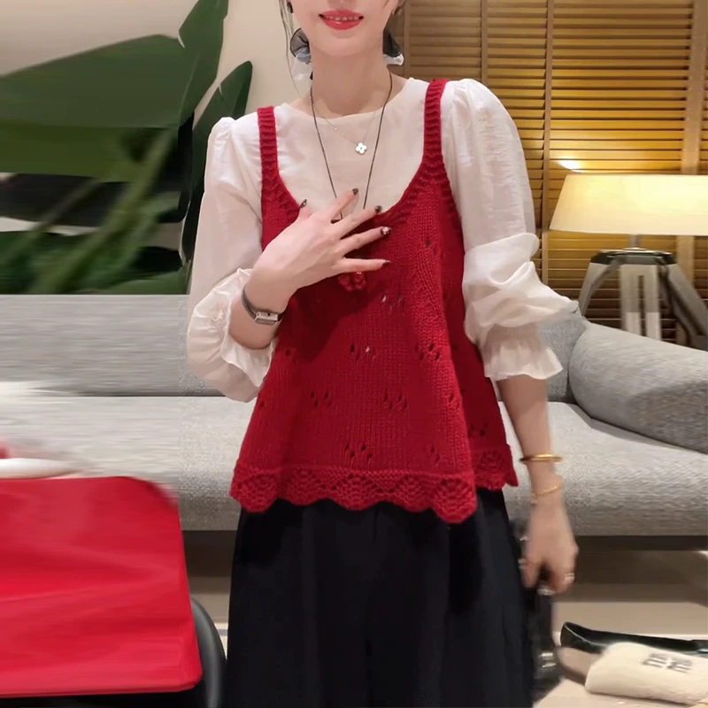 韩系甜美减龄套装女2025春秋新款镂空针织吊带背心长袖衬衫两件套