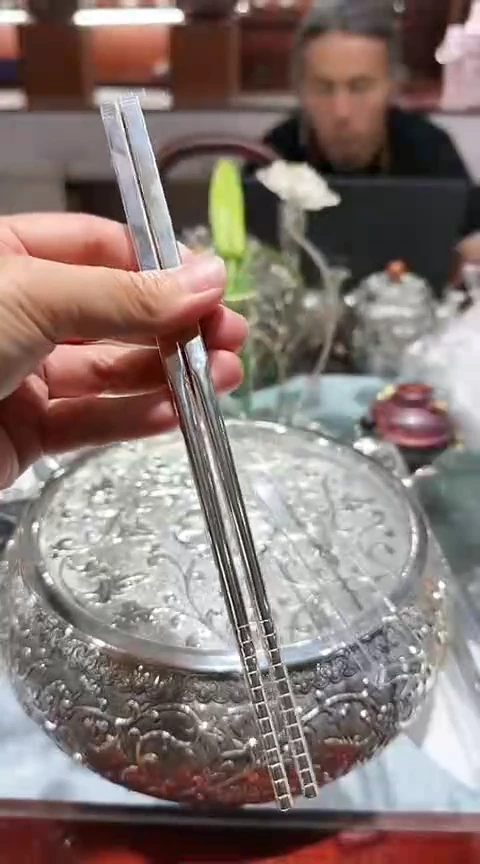足银999精工手工天圆地方银筷子素面茶摆件