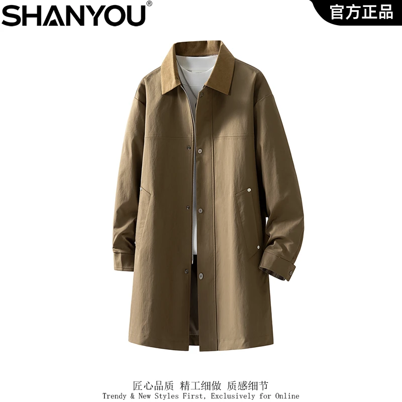 大码男士中长款外套时尚潮流百搭宽松休闲风衣夹克纯色防风上衣
