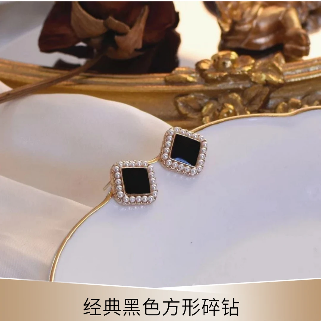 925银硅胶耳饰 耳钉黑色方糖碎钻高级感ins复古耳饰气质轻奢耳环