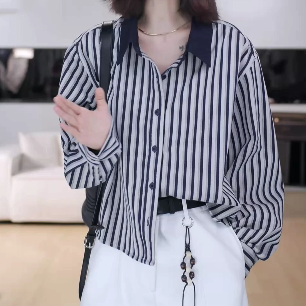 秋季新款条纹衬衫设计感撞色衬衫领上衣C6177