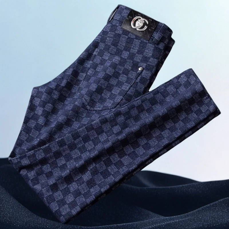 巴赛娜缇蓝色格子商务休闲裤男时尚老虎金属皮标修身小脚直筒西裤
