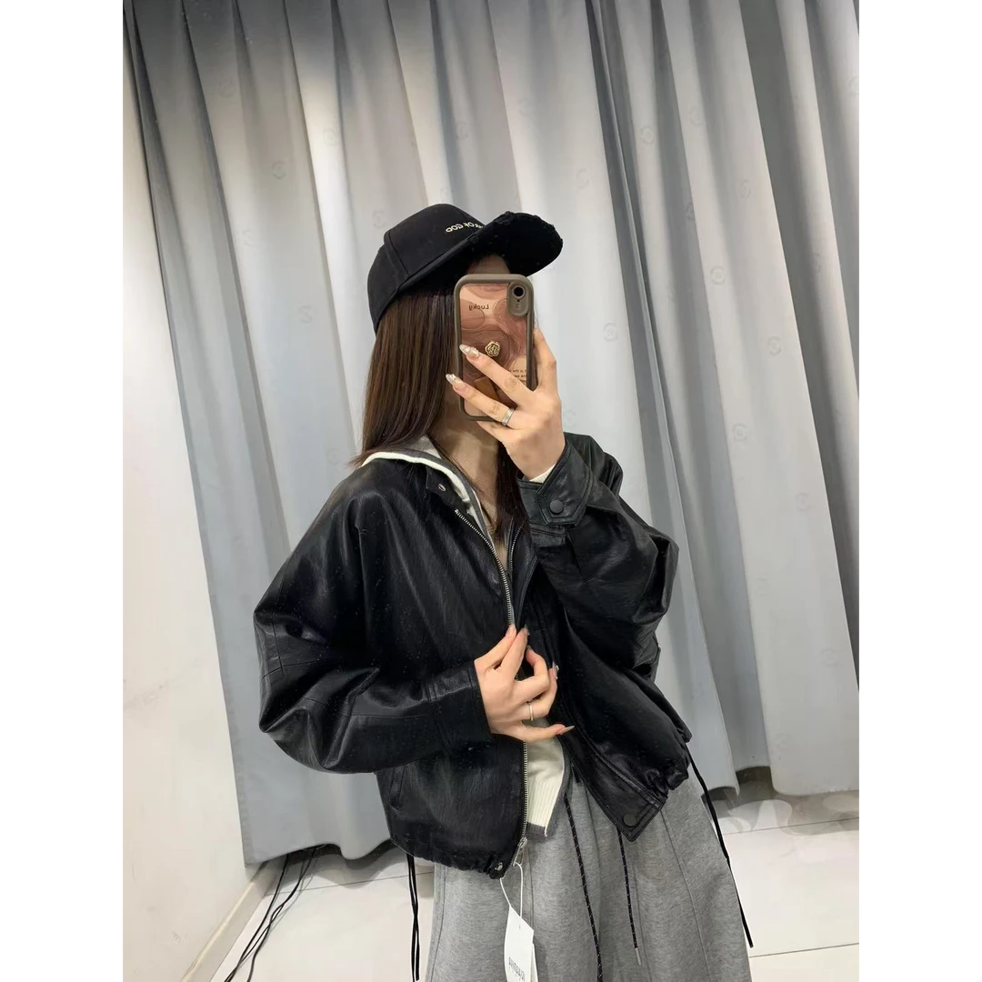 可米 春季新款百搭韩版立领阔版休闲皮衣外套 2437（衣长50左右